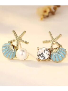 Pearl & Diamond Blue Enamel Seashell Textured Starfish Gold Toned Stud Earrings